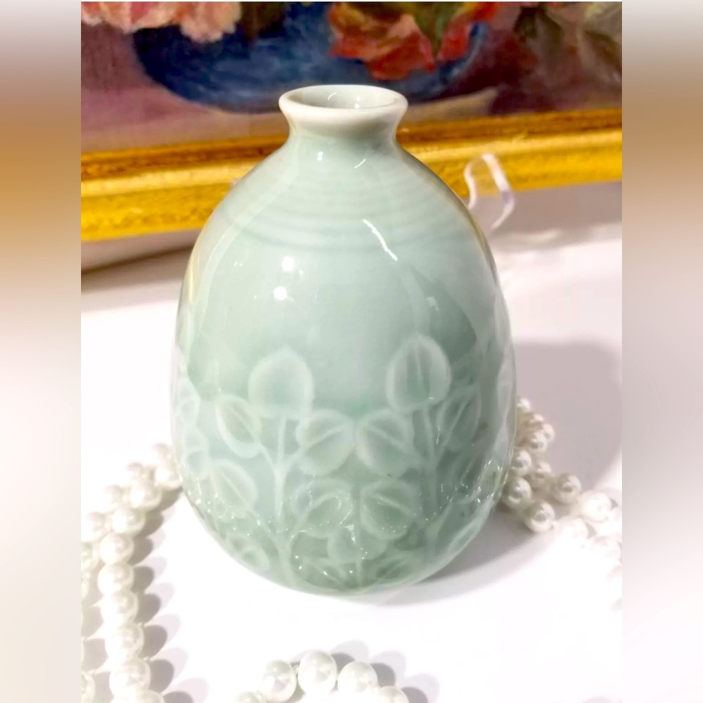 Vintage Celadon Green Bud Vase – Embossed Floral Porcelain – 4.5”
